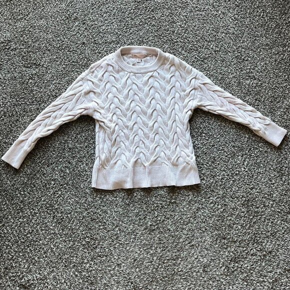 Cream/Baby Pink Small Cable Knit Sweater with Ribbed Neckline - Picture 2 of 6